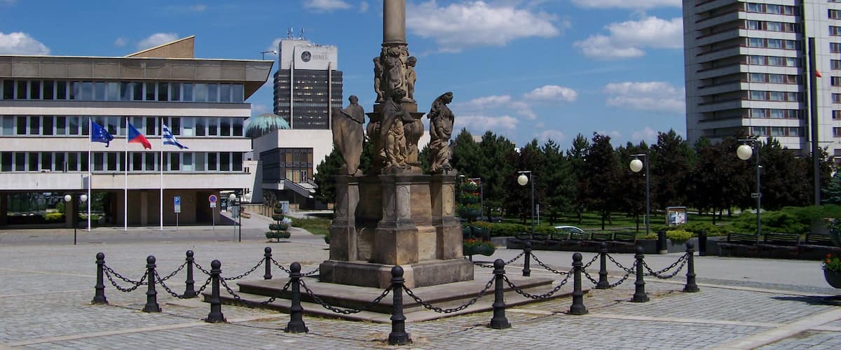 Most, Most District, Ústí nad Labem Region, Czech Republic. 1. náměstí, a plague column.