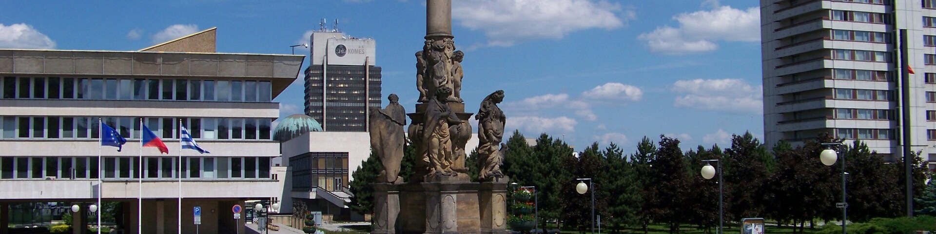 Most, Most District, Ústí nad Labem Region, Czech Republic. 1. náměstí, a plague column.