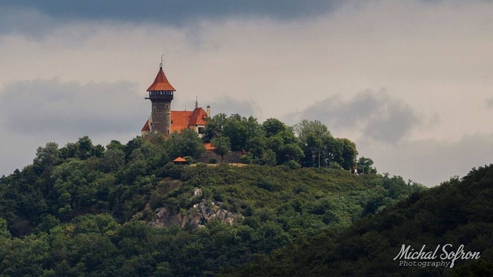 A castle on a hill with a red-roofed tower, surrounded by dense green forest.