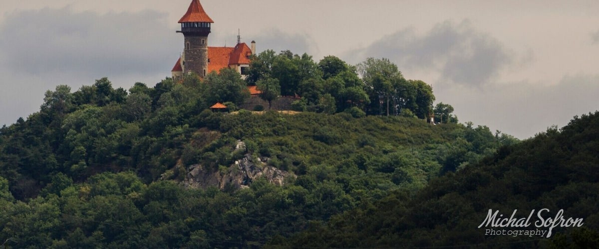 A castle on a hill with a red-roofed tower, surrounded by dense green forest.