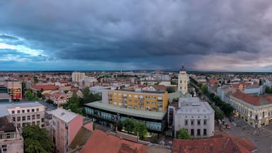 A panoramic shot of the city from the top. Colorful buildings with red rooftops in Kragujevac, Serbia