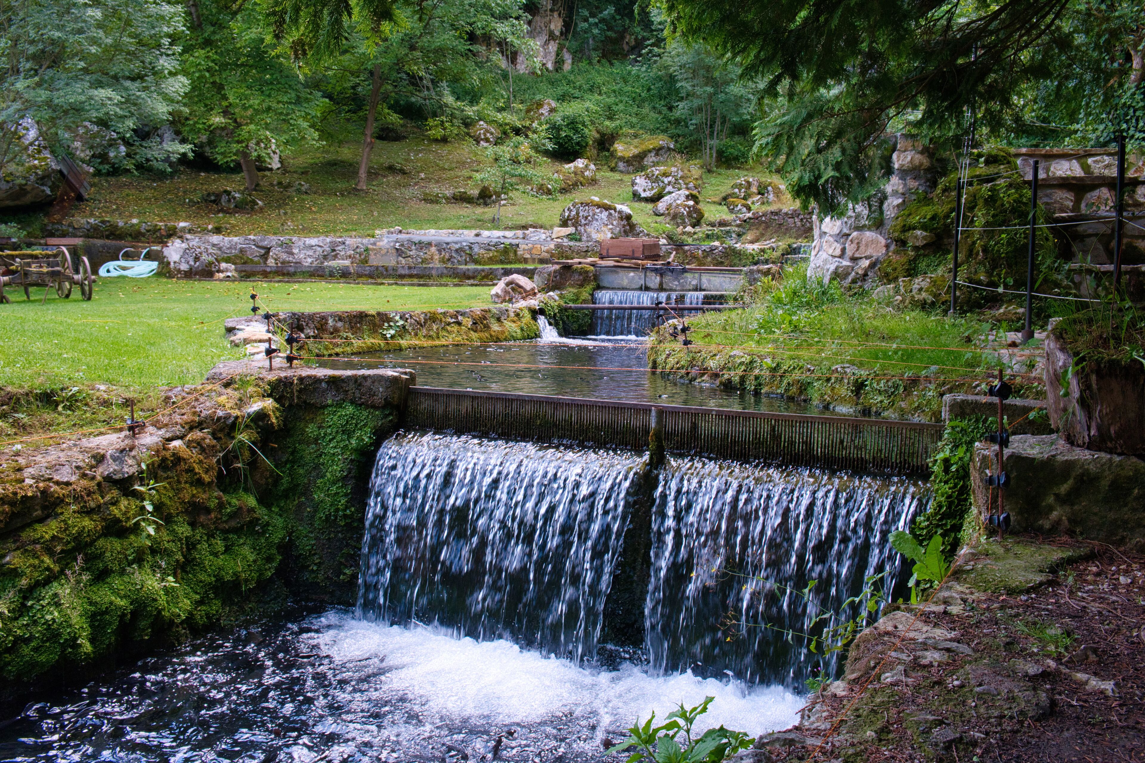 Una pequeña cascada que fluye sobre rocas cubiertas de musgo hacia un estanque, rodeado de abundante vegetación y un muro de piedra.