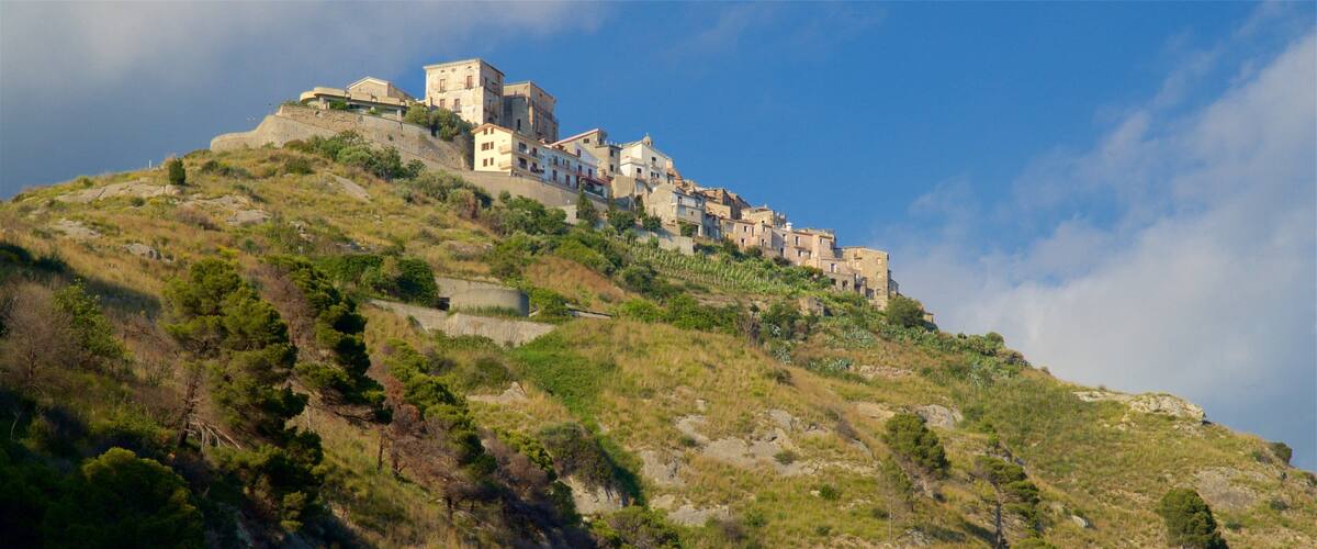 A hillside with a cluster of historic stone buildings.