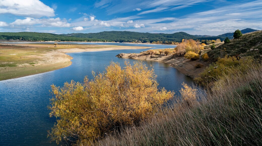 Spezzano della Sila, Cosenza district, view of Lake Cecita with autumn colors, Sila National Park, Calabria, Italy