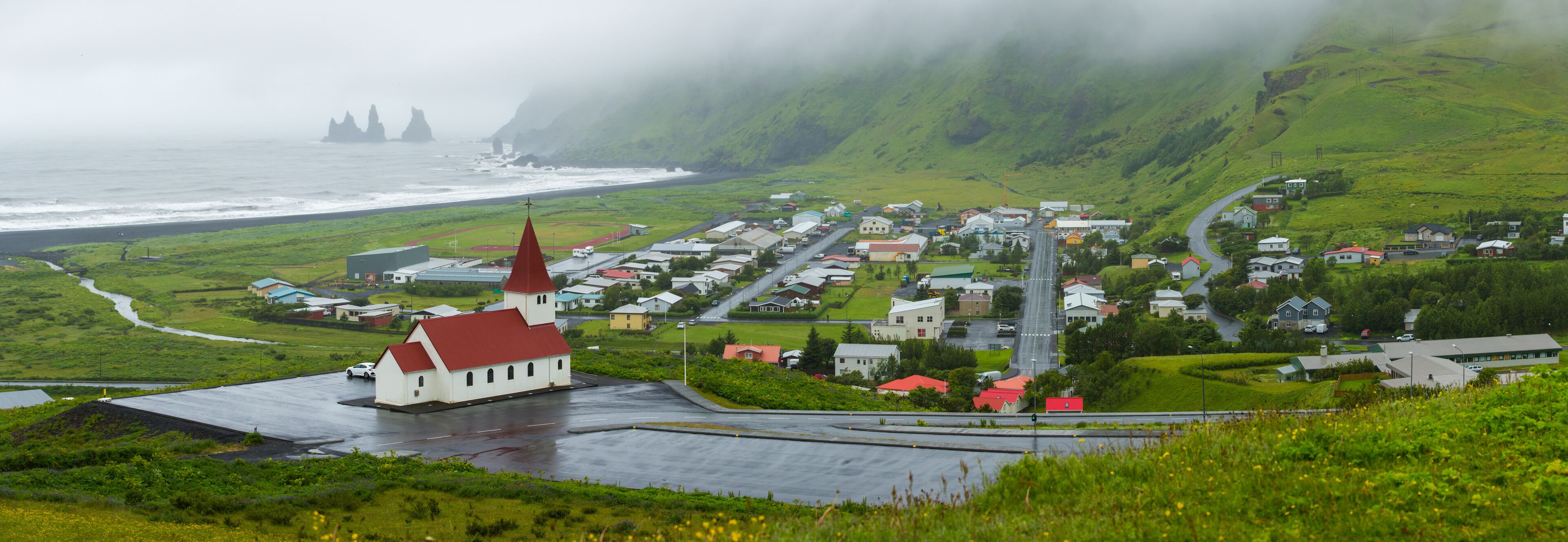 Summertime, Beautiful view of town Vik i Myrdal in the South of the island , Iceland