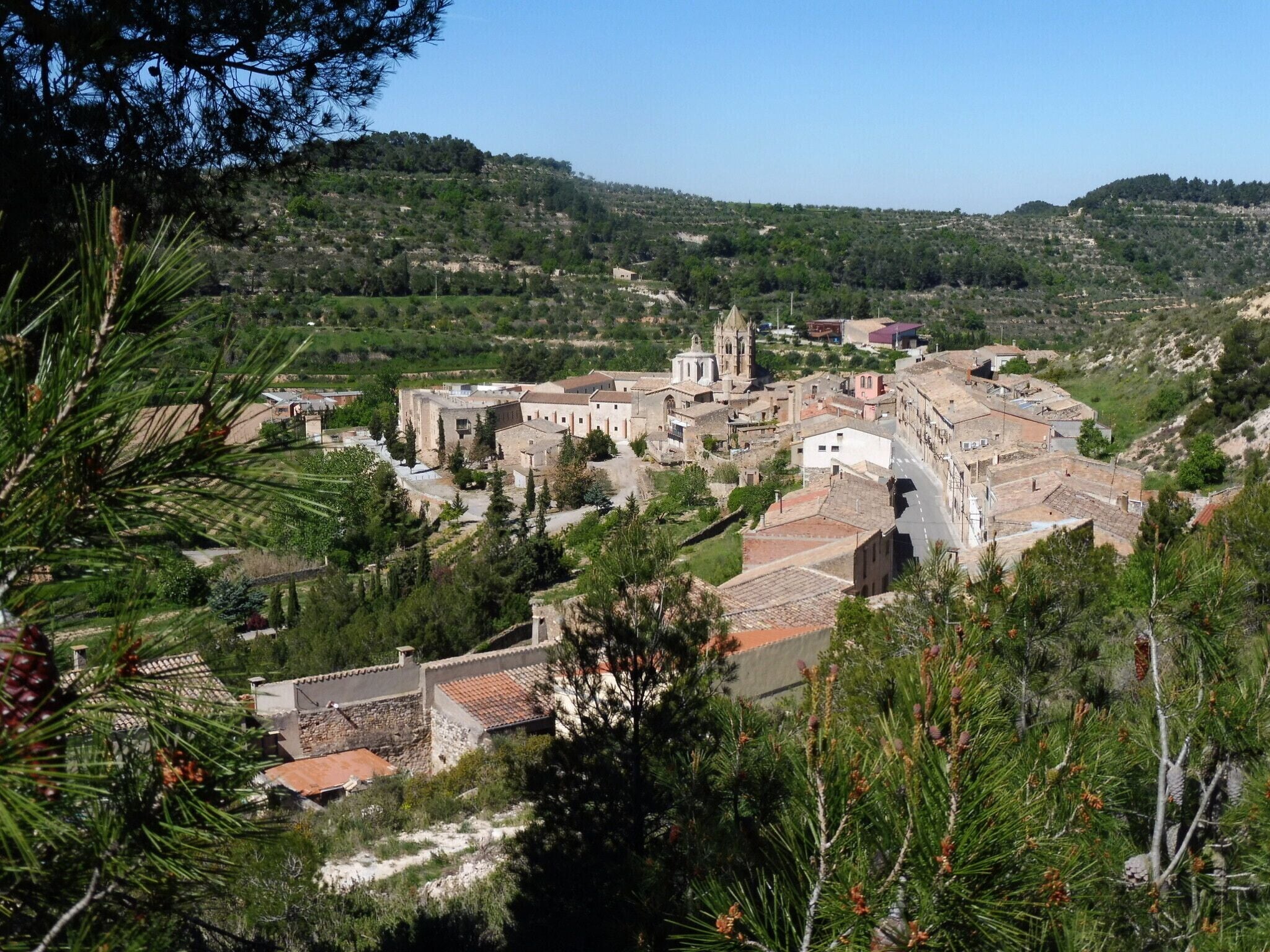 A historic town with a prominent church, surrounded by hills and pine trees.