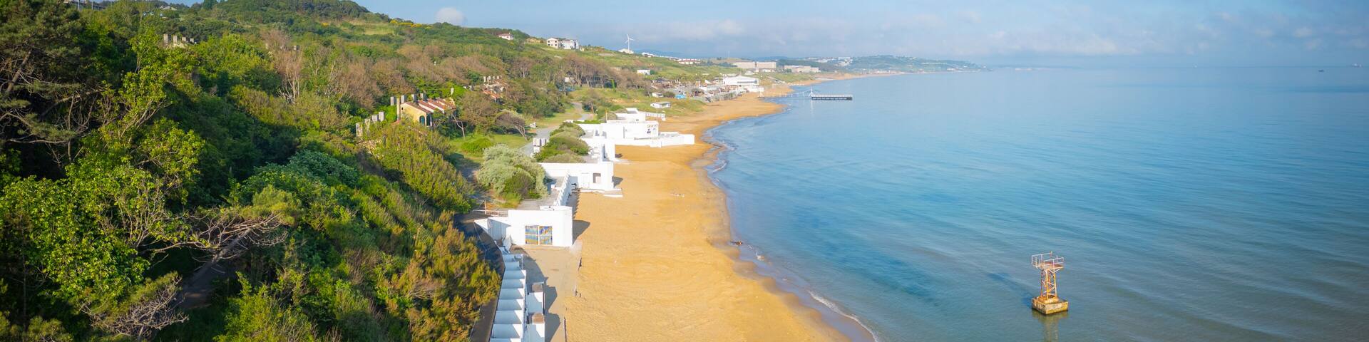 Kumkoy beach aerial view at Black Sea near historic town center Kumkoy, Sariyer district of Istanbul, Turkey.