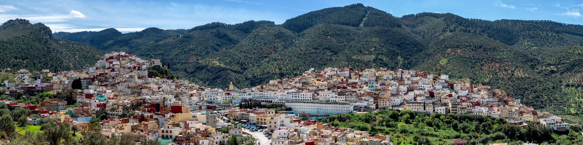 Moulay Idris Zerhoun with Zaouia Moulay Idriss II mosque, located near the Volubilis Roman ruins in Northern Morocco