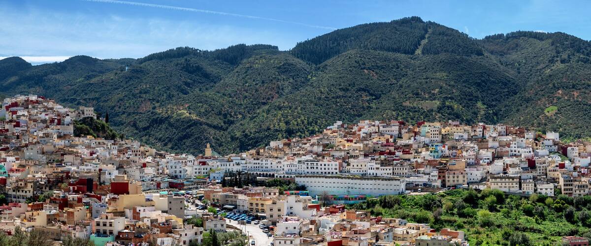 A densely packed town nestled in a valley with mountains in the background.