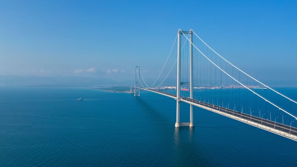 Osmangazi Bridge (Izmit Bay Bridge). IZMIT, KOCAELI, TURKEY. Aerial shot with drone.