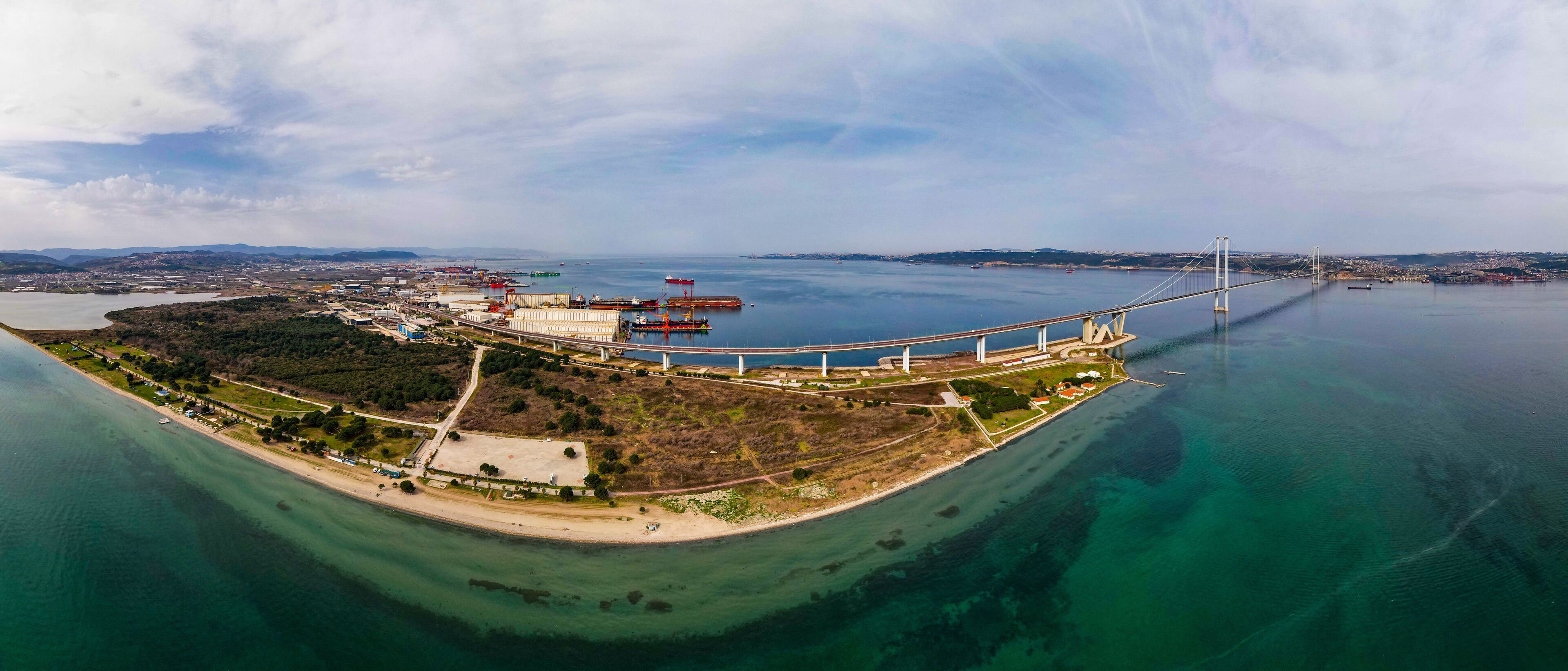 Osmangazi Bridge in Kocaeli, Turkey. Aerial shot with drone.