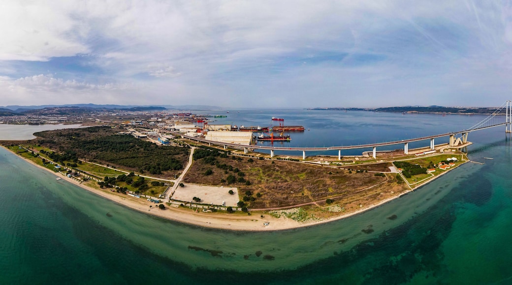 Osmangazi Bridge in Kocaeli, Turkey. Aerial shot with drone.