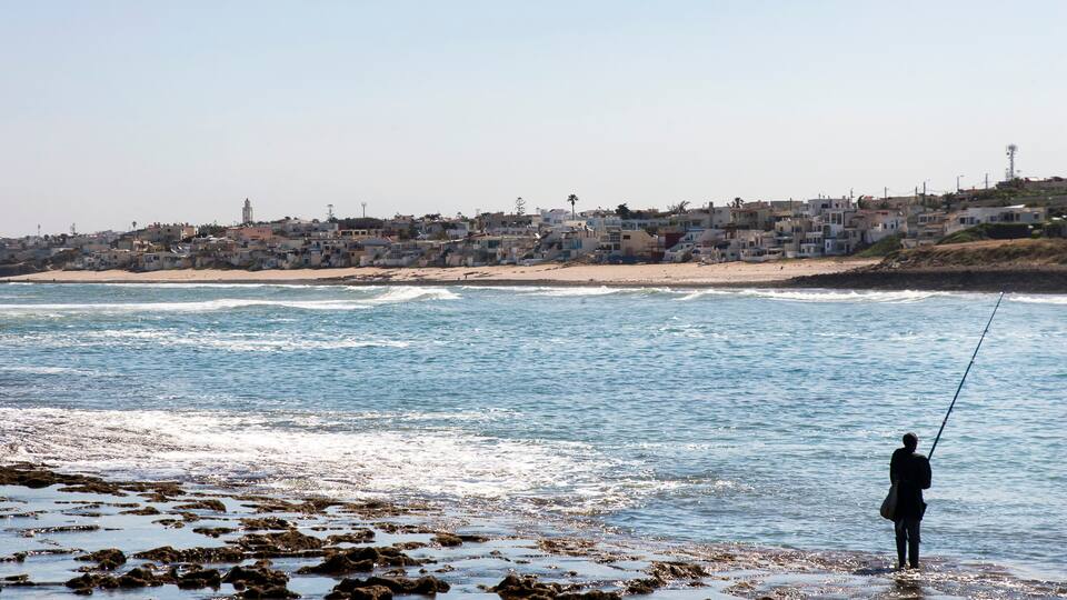 A coastal town with buildings along the shore and a person fishing by the water.