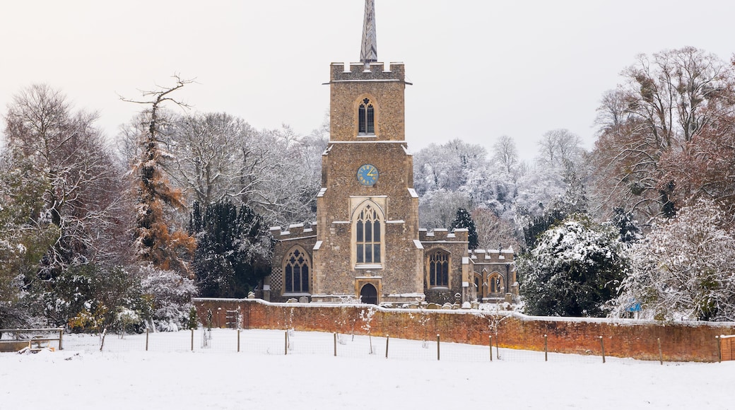Traditional English village church covered in Snow. St Andrews Church, Much Hadham, Hertfordshire. UK