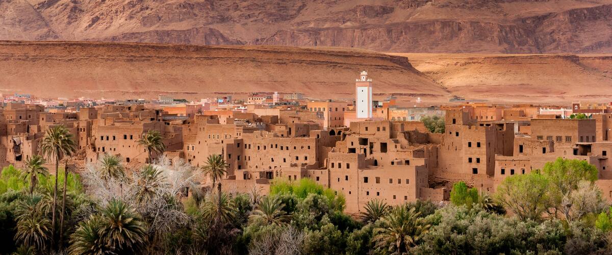 A desert town with traditional mud-brick buildings and a prominent white minaret.
