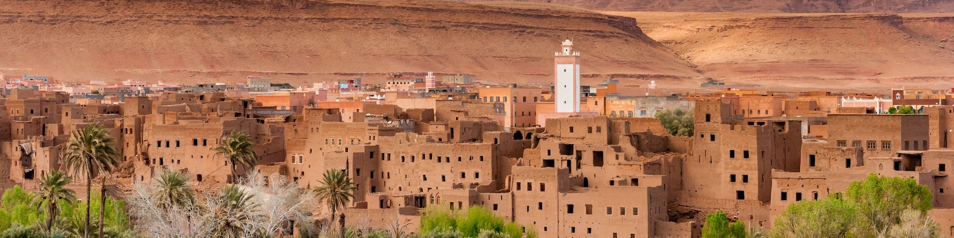 A desert town with traditional mud-brick buildings and a prominent white minaret.