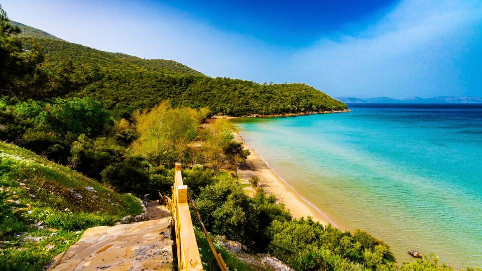 A coastal landscape with a wooden bridge, a sandy beach, and a forested hillside.