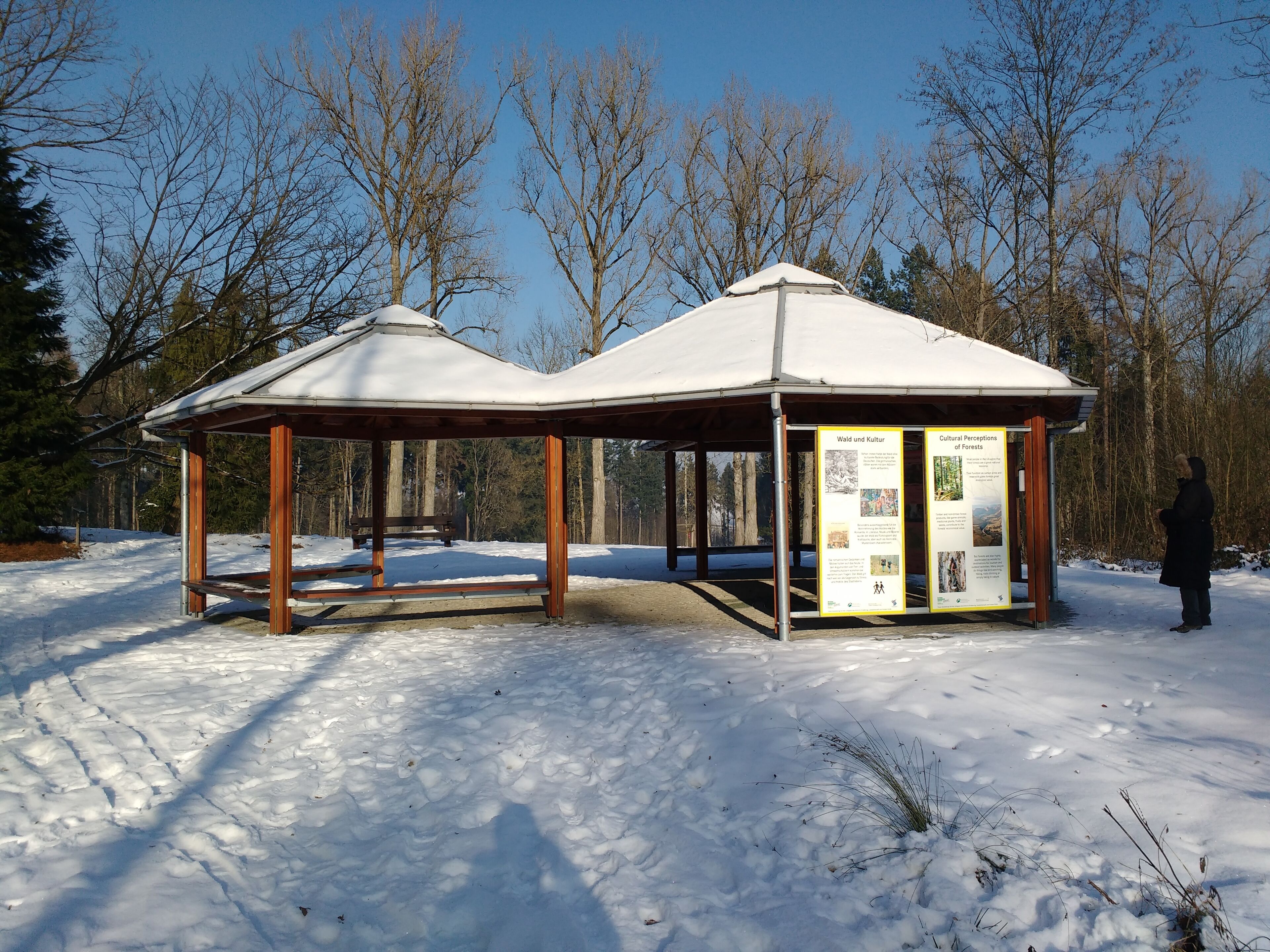 A snow-covered gazebo with informational signs in a forested area.