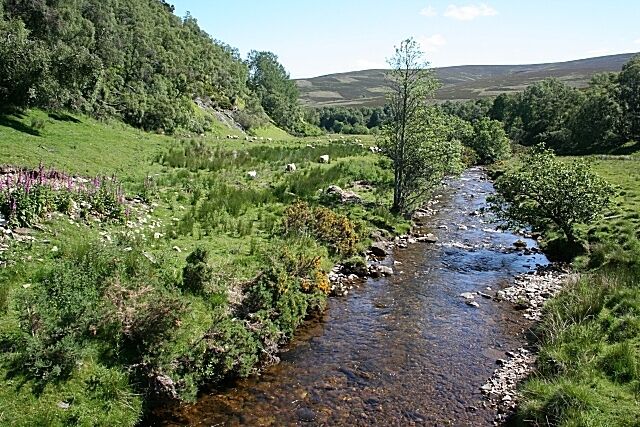A river flowing through a green valley with hills in the background.