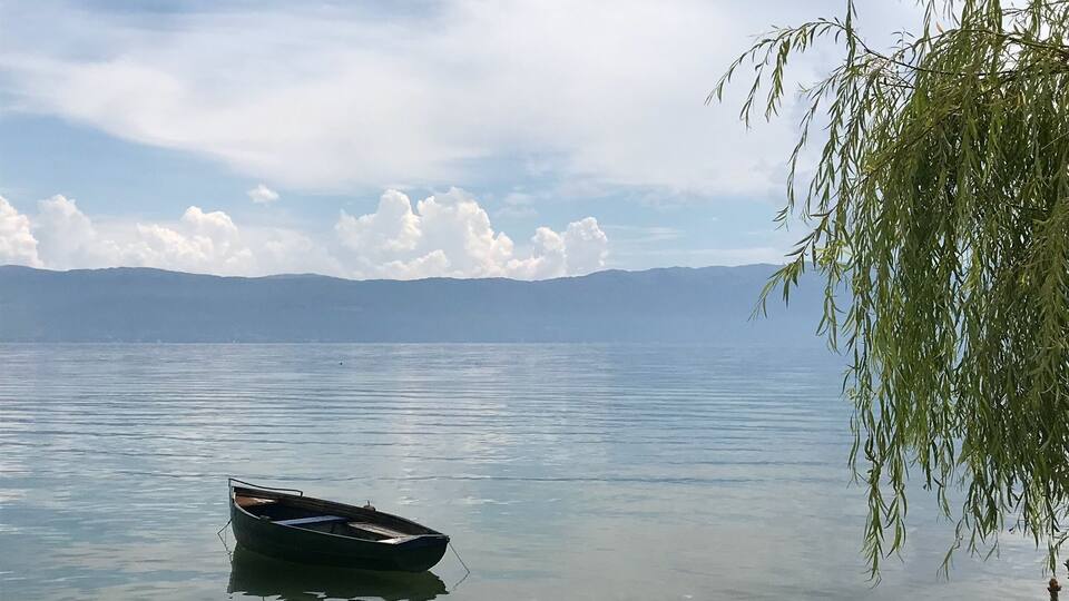 A calm lake with a small boat anchored near the shore, surrounded by mountains and a willow tree.