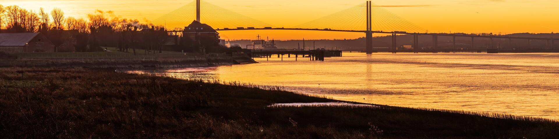 The Queen Elizabeth II bridge at sunrise, early morning, near Purfleet, Essex, England