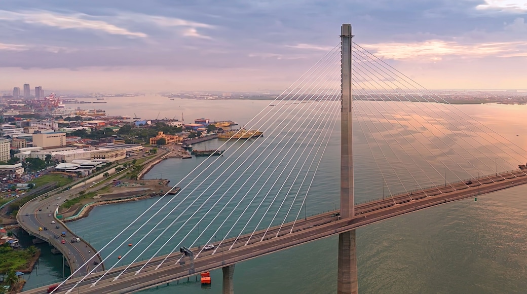 Dawn over the Cebu Cordova Link Expressway in Cebu City Philippines. Aerial View.