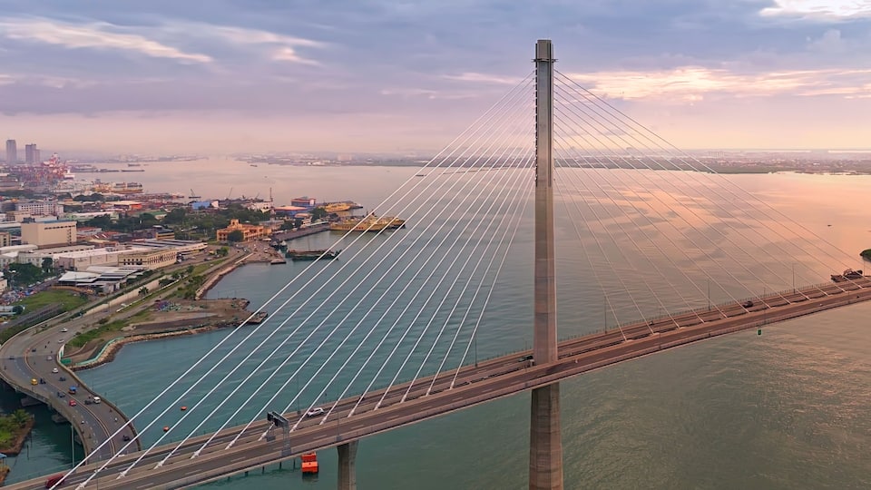 A cable-stayed bridge with a cityscape in the background.