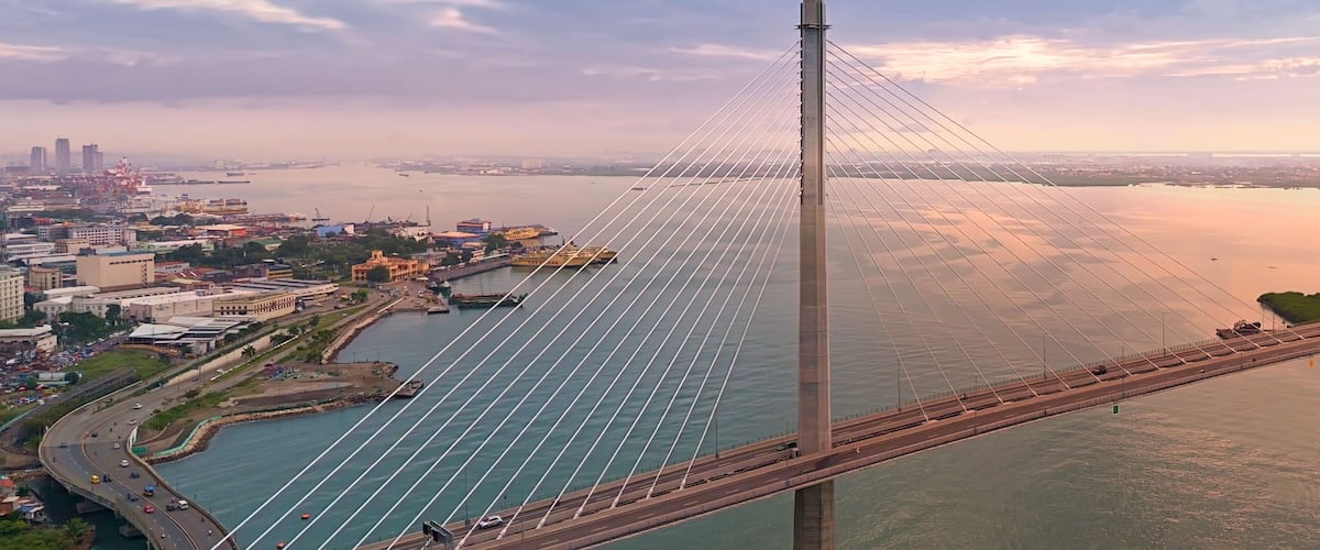 A cable-stayed bridge with a cityscape in the background.