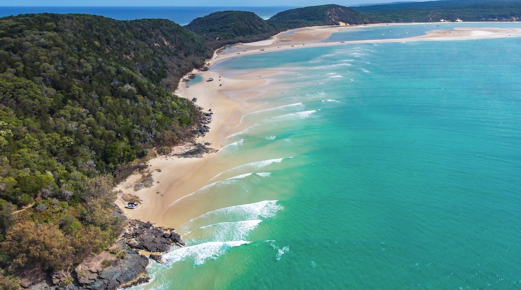 Un paysage cÎtier caractérisé par une plage de sable, des eaux turquoise et limpides, et des collines verdoyantes et densément boisées.