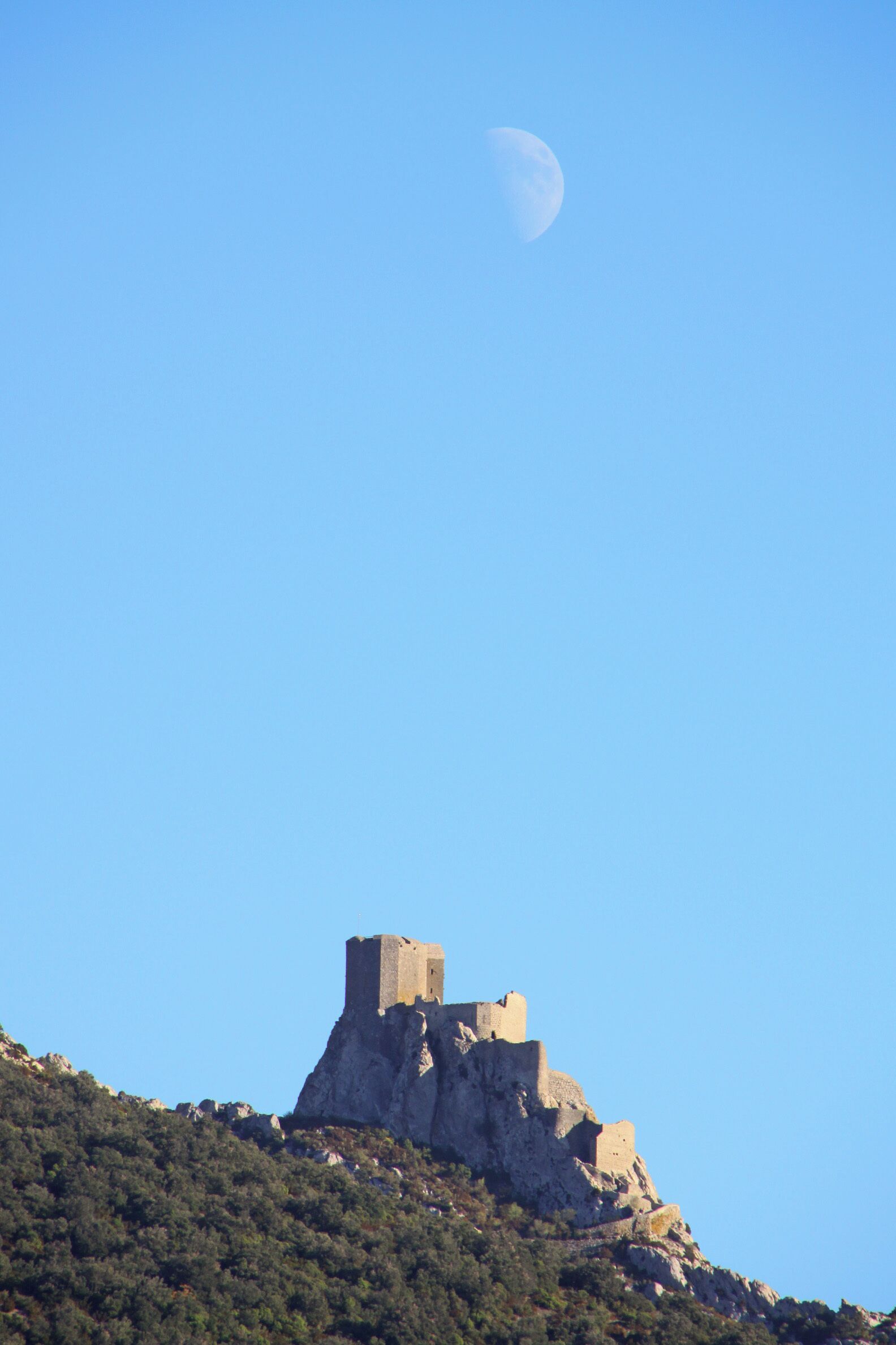 A castle on a hill with a clear sky and a crescent moon.