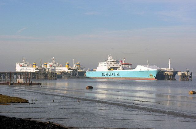 Humber Sea Terminal, Killingholme. The busy four-berth complex for ro-ro services mainly to Zeebrugge and Rotterdam, built adjacent to the site of a former oil jetty.