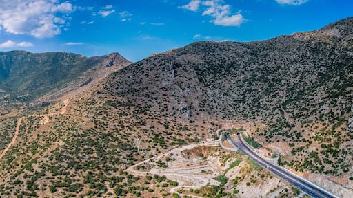 Moreas Motorway at Artemisio mount. A7 begins just west of the Isthmus of Corinth, branching off from Greek National Road 8A connecting Corinth and Kalamata via Tripoli, Greece