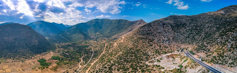 Moreas Motorway at Artemisio mount. A7 begins just west of the Isthmus of Corinth, branching off from Greek National Road 8A connecting Corinth and Kalamata via Tripoli, Greece