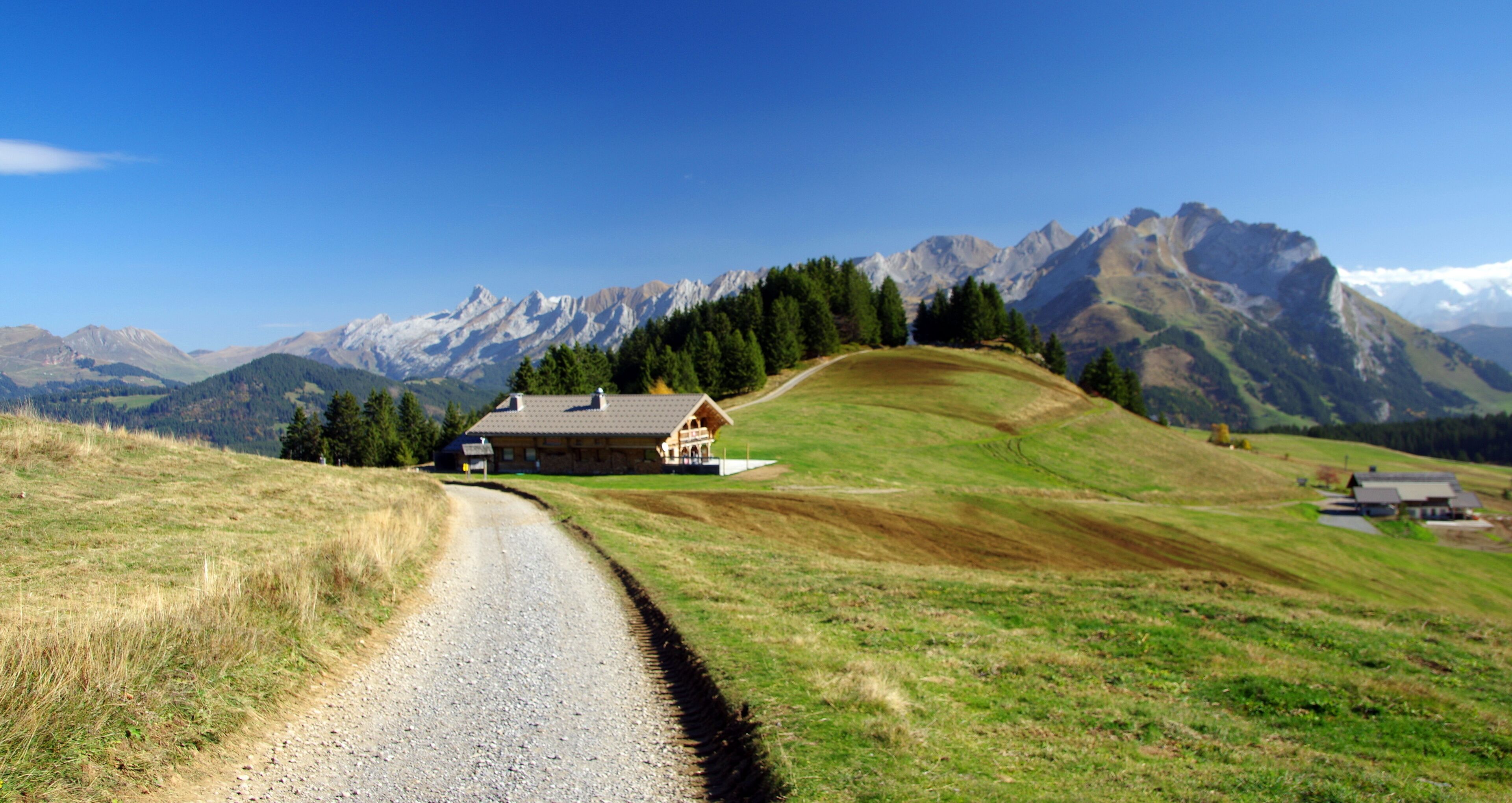 A gravel road leading to a house with a wooden roof, surrounded by green fields and mountains in the background.