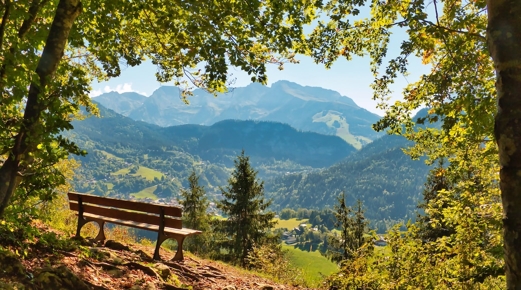 Bench on a vantage point high above Saint-Jean-de-Sixt, Haute-Savoie, France, with a panoramic view of the Aravis Range, a Natura 2000 site..
