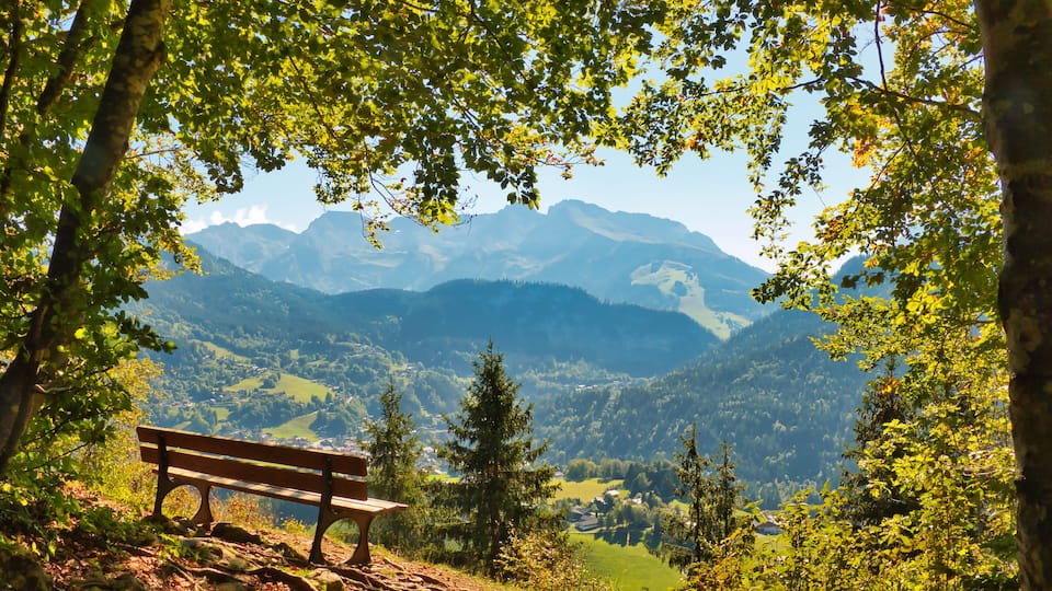 A bench overlooking a mountainous landscape with trees and a clear sky.