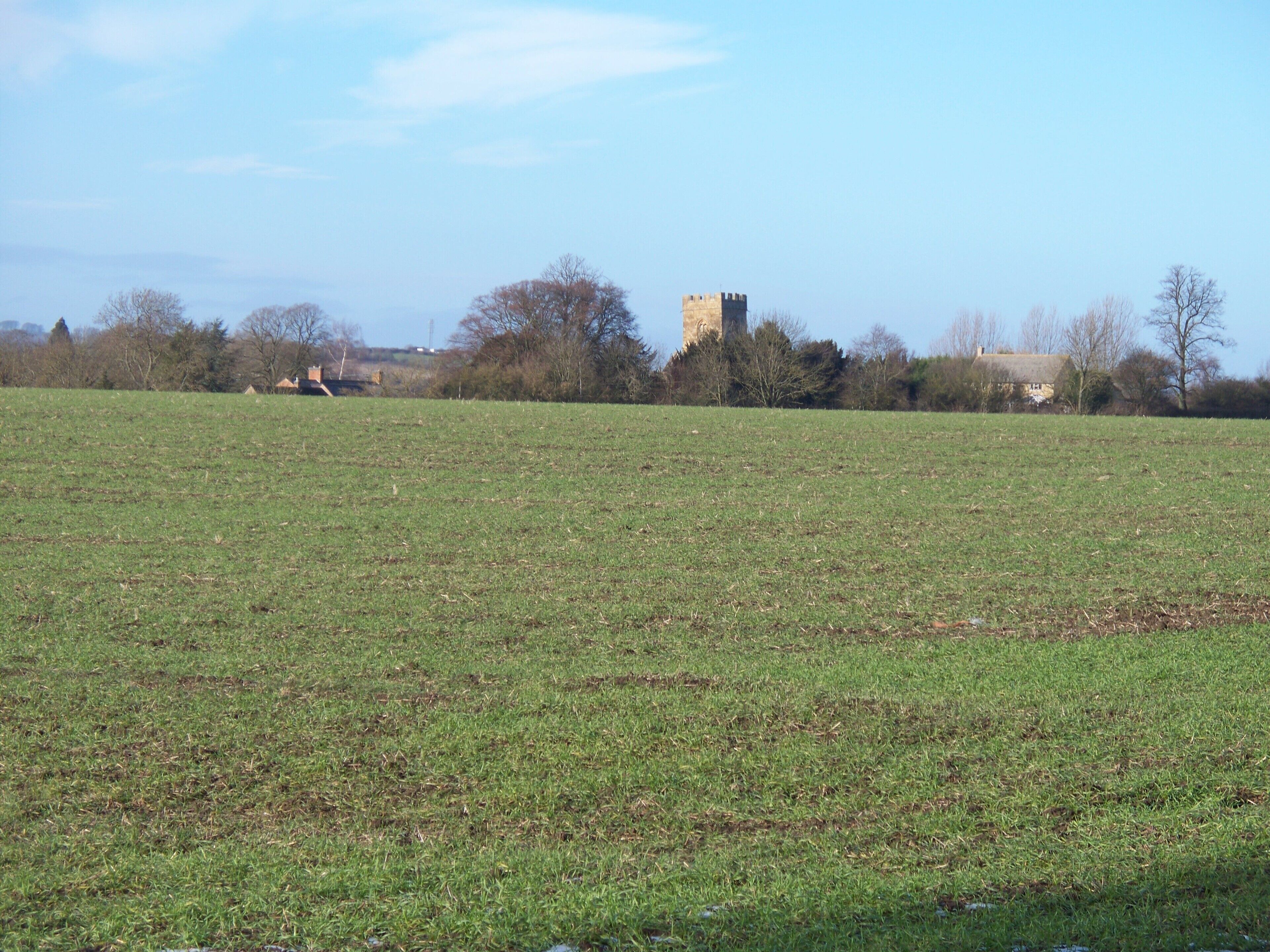 Farmland and church Seen from the footpath near where it crosses the minor road. The church tower is St Martin's, Barcheston.