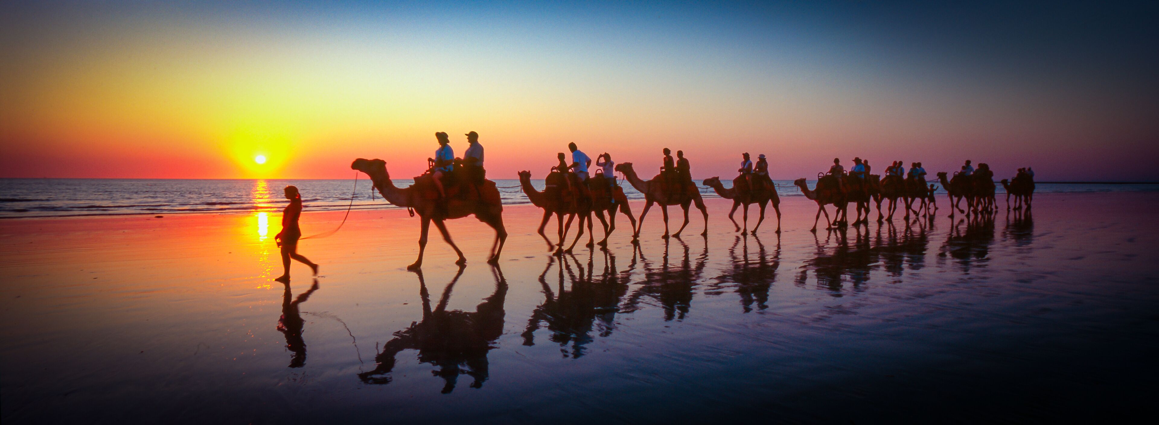 A sunset over a beach with people riding camels.