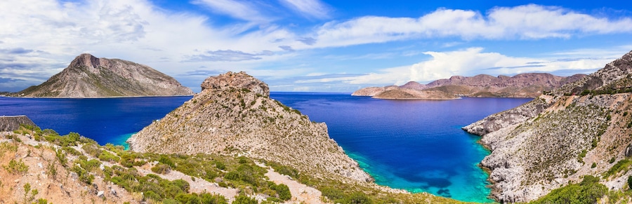 Amazing Greece series, beautiful nature - stunning view of Telendos island. Kalymnos, Dodecanese
