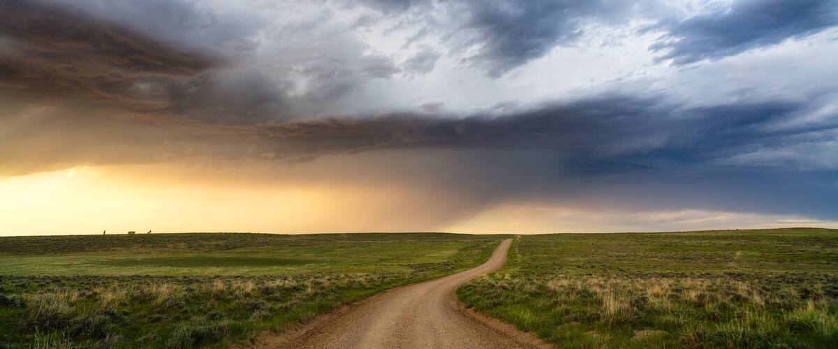 A dirt road winding through a grassy field under a dramatic sky with dark clouds and a hint of sunlight.