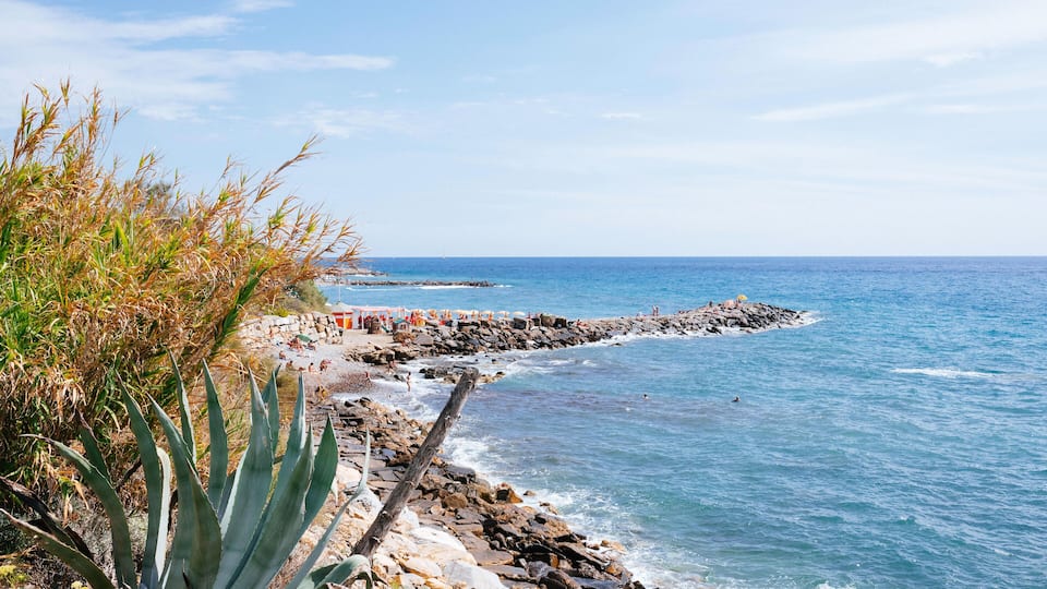 A rocky shoreline with waves crashing onto the rocks, a clear blue sky, and some vegetation.