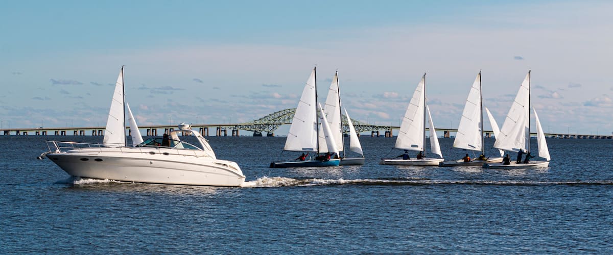 A white yacht and several sailboats on a calm body of water with a bridge in the background.