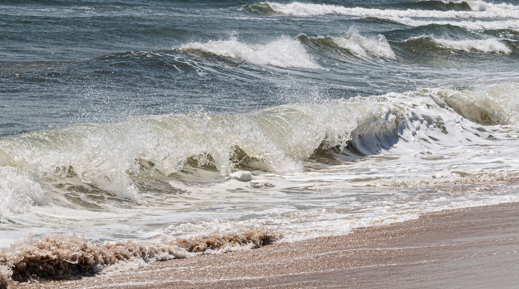 A beach with waves crashing onto the shore.