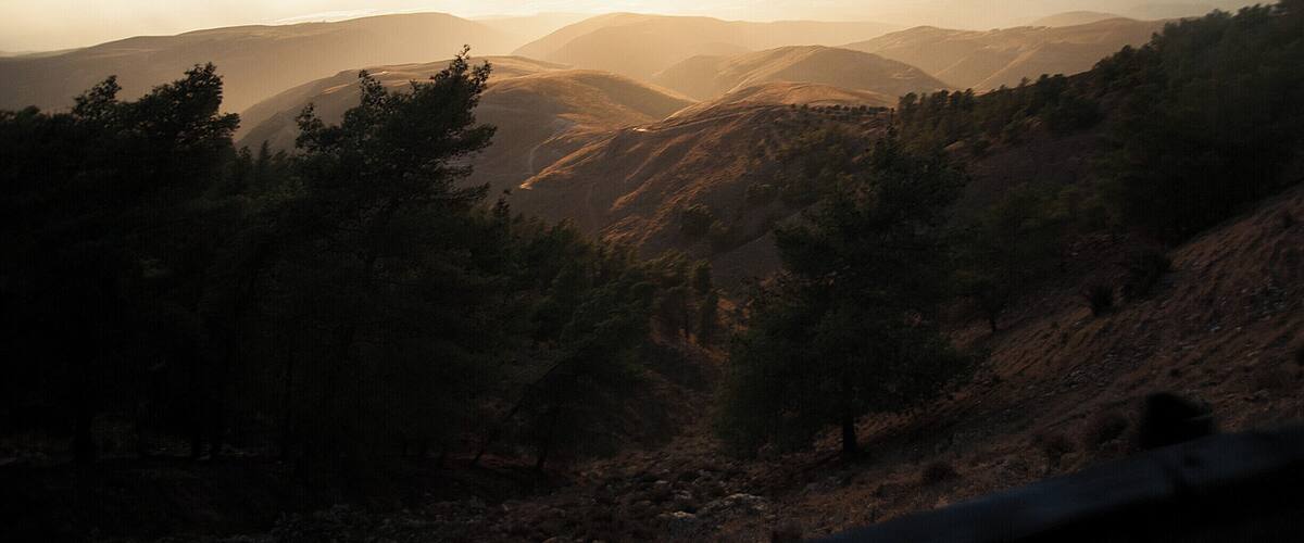 A mountainous landscape with dense forests and a sunlit sky.