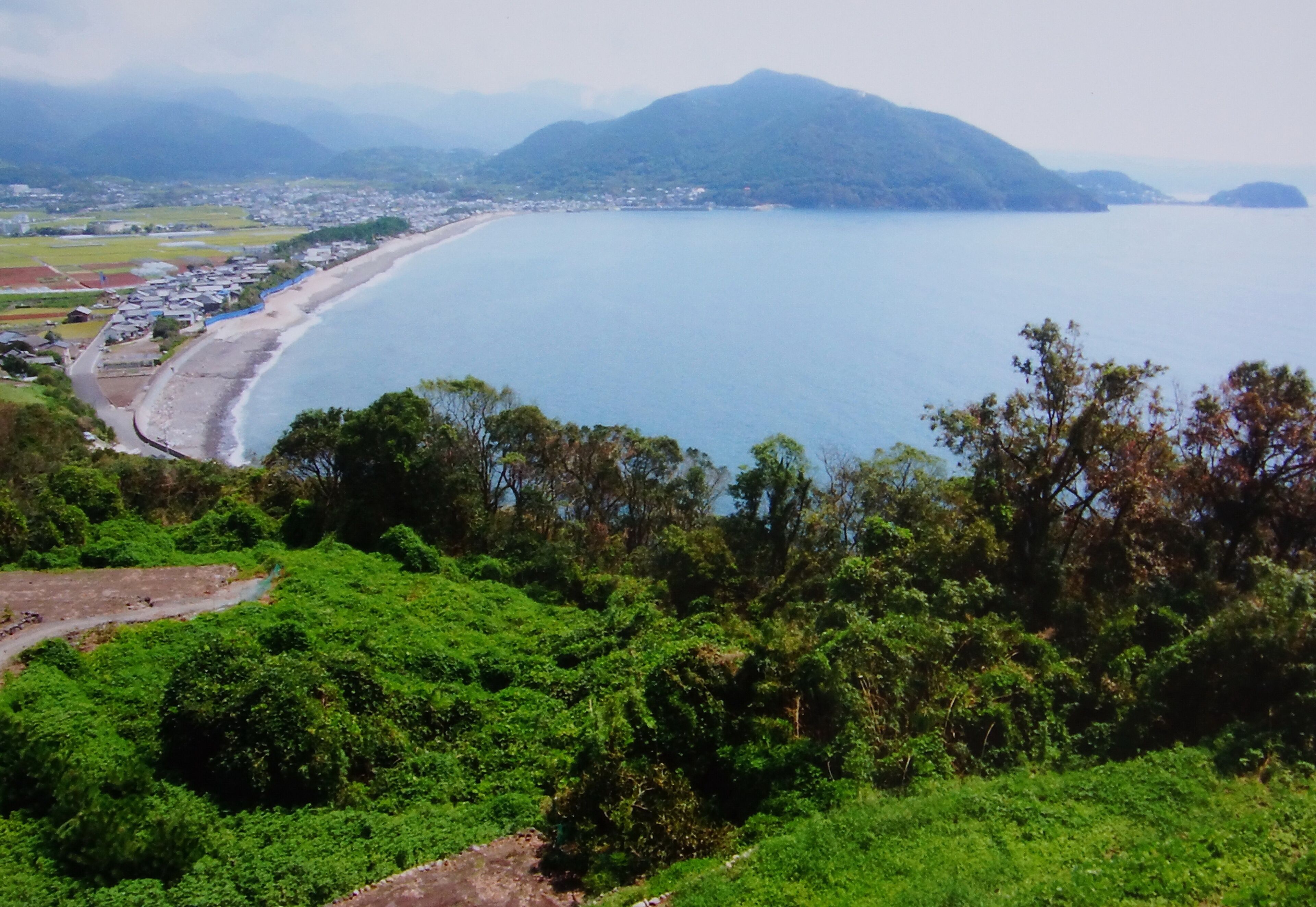 Un paisaje costero con una playa, una carretera y abundante vegetación.