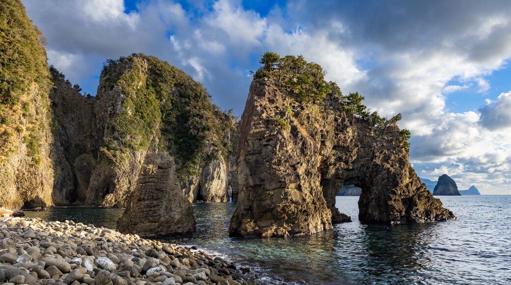 View of strangely shaped rocks on the Ushima coast in Nishiizu, Japan.