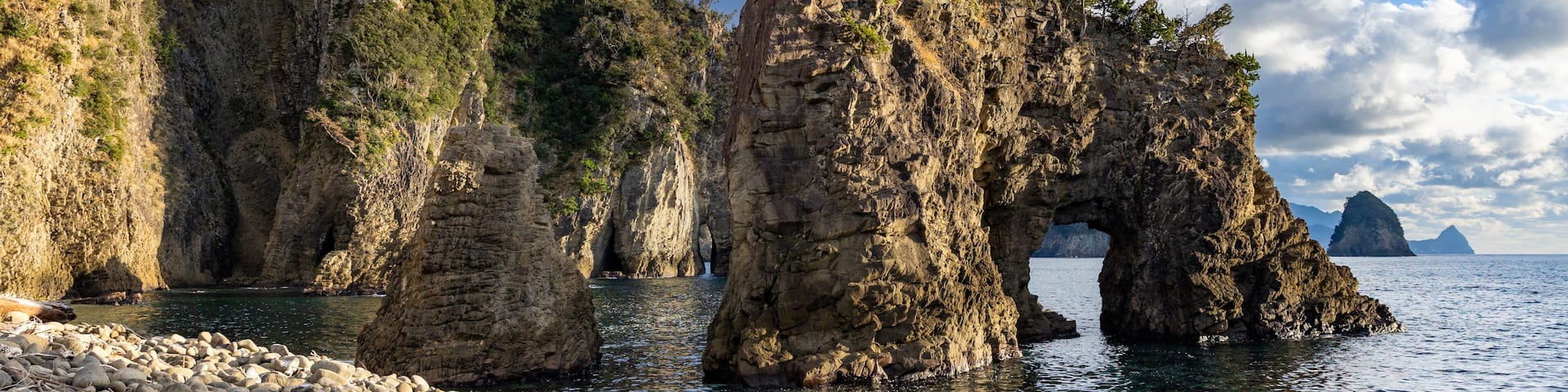 View of strangely shaped rocks on the Ushima coast in Nishiizu, Japan.