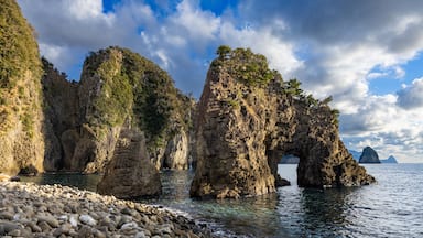 View of strangely shaped rocks on the Ushima coast in Nishiizu, Japan.