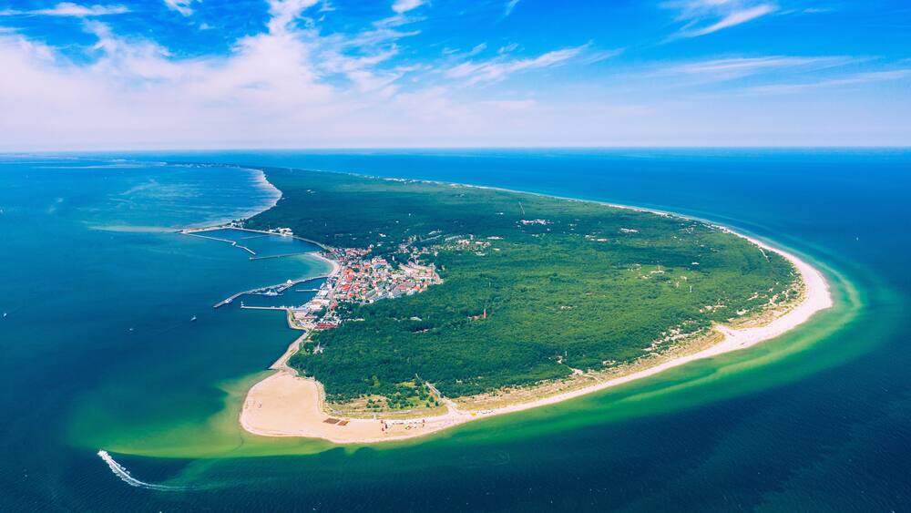 Aerial view of Hel Peninsula in Poland, Baltic Sea and Puck Bay (Zatoka Pucka) Photo made by drone from above.