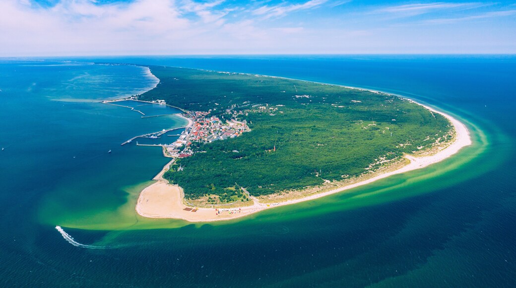 Aerial view of Hel Peninsula in Poland, Baltic Sea and Puck Bay (Zatoka Pucka) Photo made by drone from above.